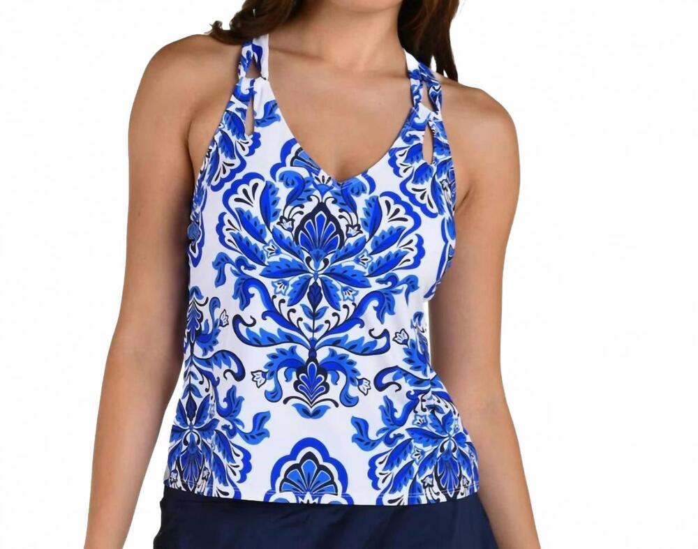 NEW 24TH & OCEAN cutout strap tankini top in talavera periwinkle